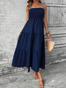 春夏休闲百搭时尚可爱性感复古派对梭织面料连衣裙，适合度假、日常、生日派对、单身派对、旅行、机场穿搭，露背、无肩带，优雅迷人。 - 藏蓝色 - 查看 2