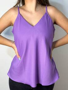 Women's Tank Top With Adjustable Straps Basic Crepe Strappy Top - Lila - Ver 3