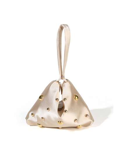 Plain Elegant Fashion Minimalist Satin Pearl Magnetic Triangular Handbag, For Parties, Weddings, Galas, Gatherings
