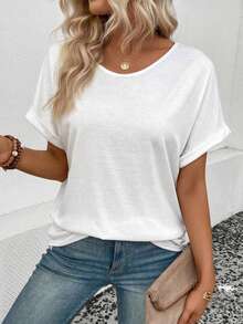 Lässiges einfarbiges T-Shirt mit Fledermausärmeln, Sommer - Weiss - Übersicht 2