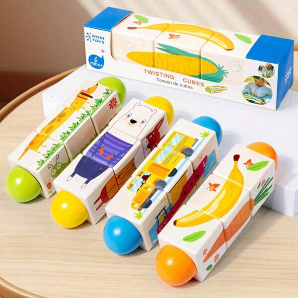 Rompecabezas giratorios de madera con animales y vehículos para niños pequeños, bloques de construcción de agarre para bebés, juguetes educativos de aprendizaje