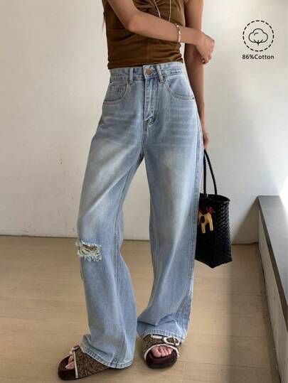 American Street Cut Straight Leg Light Blue Denim Women's Summer Retro Design Sense Of Loose Everything Casual Wide Leg Mop Trousers Jeans