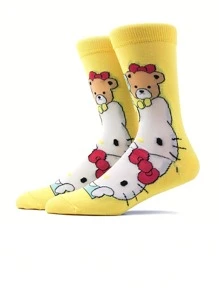 Sanrio 2 Pairs Sanrio Cartoon Anime Character Socks, For Hello Kitty & For Kuromi, 92% Polyester 8% Spandex, 600g/M² Knit Fabric, Comfortable Breathable Elastic, Machine Washable, Perfect For Gifts & Daily Wear