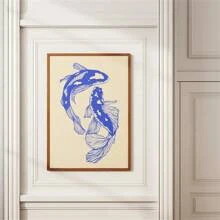 1 Stück Blauer Koi Fisch Leinwanddruck, japanisches retro Glück Wandkunst Poster für modernes Wohnzimmer, Schlafzimmer, Studentenwohnheim - Ideales Geschenk, Leinwandgemälde, Heimdekoration, optionaler Rahmen