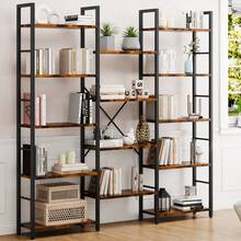 Vongrasig Triple 5 Tier Bookshelf, Industrial Large Bookcase With Storage Cabinet, Tall Gold Bookshelf With 14 Open Display Shelves Metal Frame Furniture For Living Room Bedroom Home Office Rustic Brown - 質樸棕色 - 查看 1