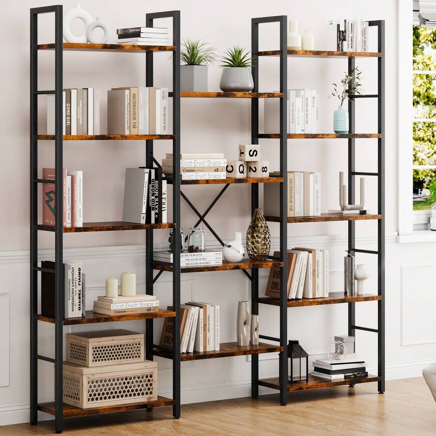 Vongrasig Triple 5 Tier Bookshelf, Industrial Large Bookcase With Storage Cabinet, Tall Gold Bookshelf With 14 Open Display Shelves Metal Frame Furniture For Living Room Bedroom Home Office Rustic Brown - 質樸棕色 - 查看 1