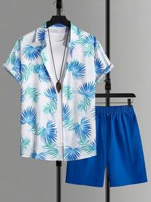 Men's Casual Set With Short Sleeve Shirt And Printed Shorts - 藍色 - 查看 2