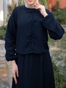 2pcs Muslim Women Loose Long Sleeve Top & Midi Skirt Set, Arab Style - Navy Blue - View 2