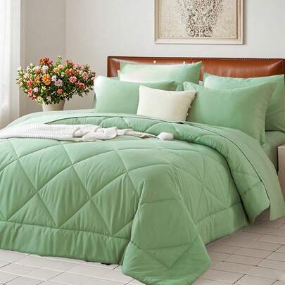 7 Pieces Summer Comforter Sets Queen, Soft, Comfortable And Breathable, Geometric Checkered Pattern Bedding Set, Including 4 Pieces Pillowcase, 1 Flat Sheetand 1 Fitted Sheet, Perfect For Your Room Decoration, Bed In Bag Set