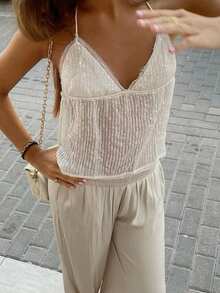 Women Tank Tops Sequins V-Neck Tie-Up Halter Neck Casual Vests Summer Sleeveless Tops Streetwear - trắng - Xem 7