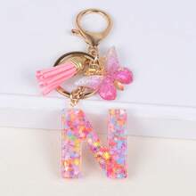 时尚红色首字母钥匙扣 A-Z 英文字母钥匙扣爱心流苏挂饰 女士背包手提包装饰 情人节圣诞礼物创意