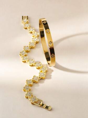 2pcs Waterproof Luxury Colorful Cubic Zirconia Stainless Steel Open Bangle Bracelet, 18K Gold Plated Fashion Jewelry For Women