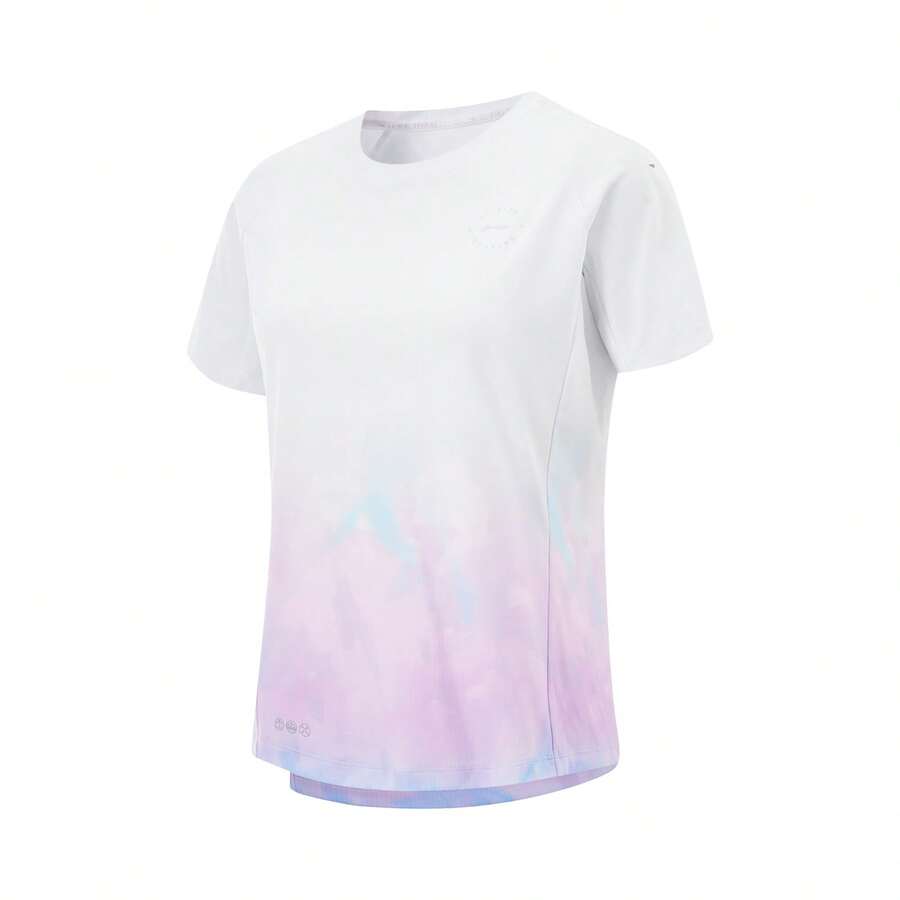 Li-Ning 女款快乾反光 T-shirt ATSW146，透氣涼爽跑步健身上衣 - 白/藍/凝結紫/盈粉色滿底印 - 查看 1