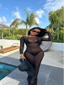Women's Sexy Slim-Fit Net Sheer Off Shoulder Long Sleeve Long Dress, Plus Size, Summer