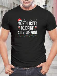 Camiseta divertida de Navidad para amantes del vino - Camiseta para fiestas navideñas - Regalo perfecto para hombres y mujeres - Top de manga corta con cuello redondo negro - Negro - Ver 1