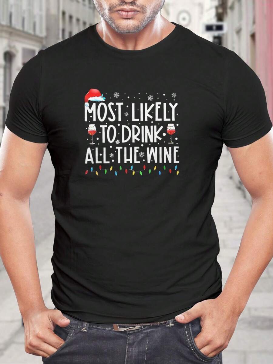 Camiseta divertida de Navidad para amantes del vino - Camiseta para fiestas navideñas - Regalo perfecto para hombres y mujeres - Top de manga corta con cuello redondo negro - Negro - Ver 1