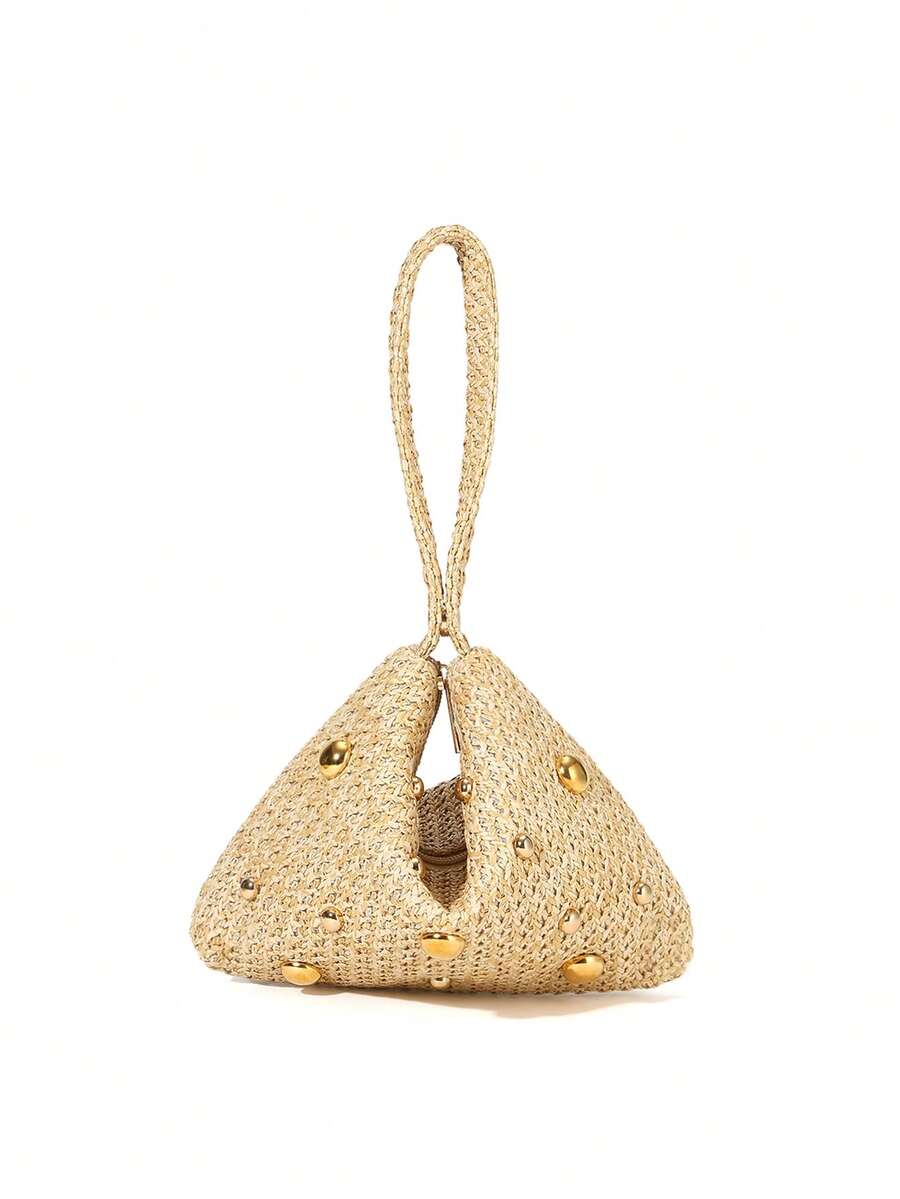 Elegant Spring/Summer Simple Plain Straw Studded Magnetic Triangle Handle Clutch Bag, For Party, Wedding, Prom, Gathering, Beach - Beige - View 1