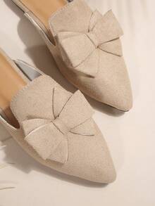 卡其色半包穆勒鞋，尖头女式一脚蹬乐福鞋，蝴蝶结装饰，优雅百搭露背设计平底鞋，适合春夏季 - 卡其色 - 查看 9