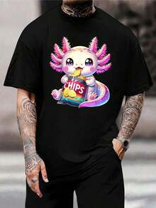 Camiseta con diseño de ajolote lindo - Camiseta gráfica kawaii de salamandra para mujeres, hombres y adolescentes - Atuendo divertido para la hora de las botanas de anfibios - Diseño novedoso de dibujos animados de ajolote - Negro - Ver 1