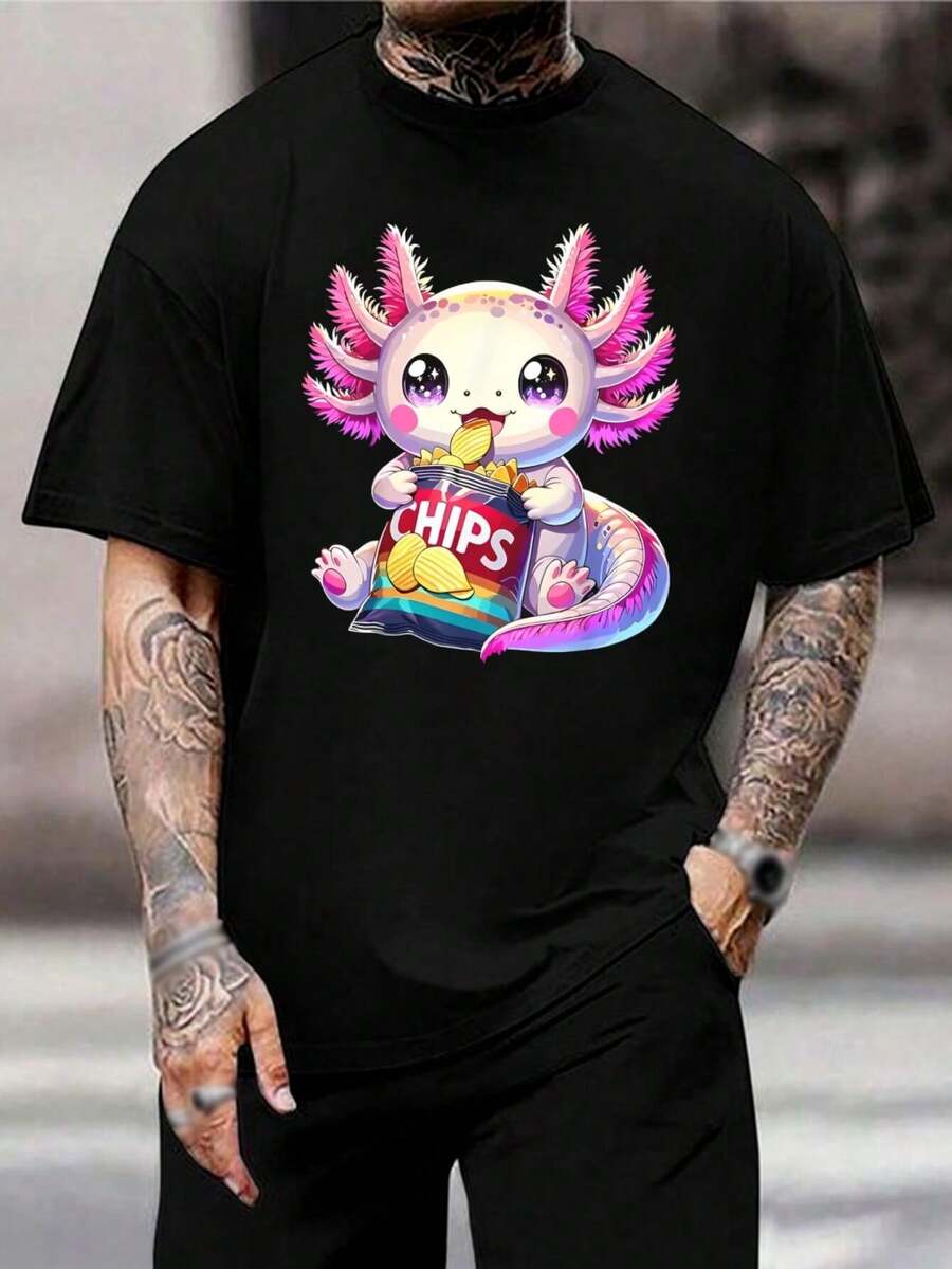 Camiseta con diseño de ajolote lindo - Camiseta gráfica kawaii de salamandra para mujeres, hombres y adolescentes - Atuendo divertido para la hora de las botanas de anfibios - Diseño novedoso de dibujos animados de ajolote - Negro - Ver 1