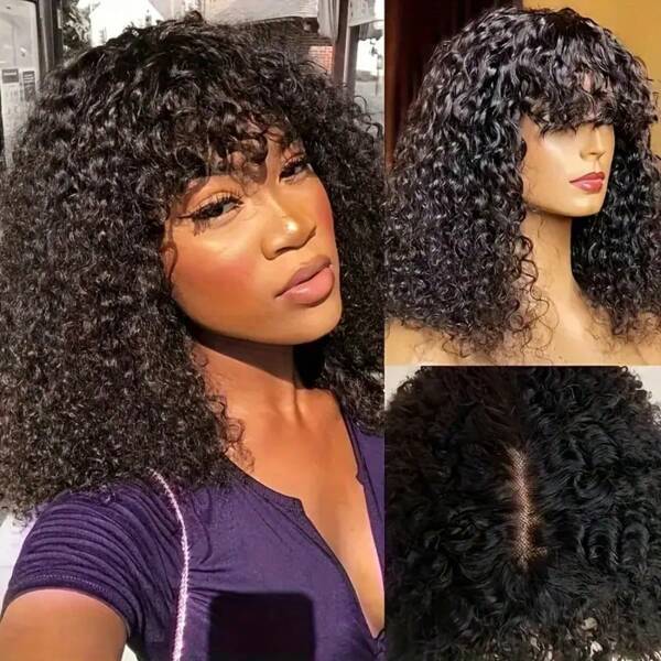 Perucas de cabelo humano curto e cacheado 2x1, peruca curta e cacheada, cabelo humano com franja para mulheres, sem cola, densidade 150%, peruca curta ondulada com franja, peruca preta natural, fácil de usar