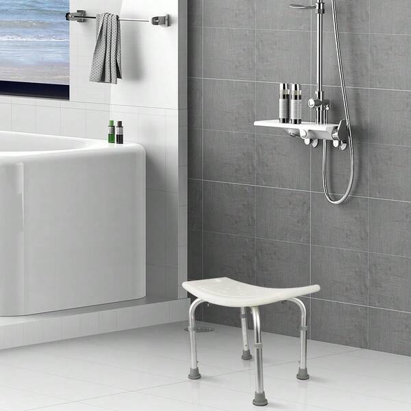 Sgabello da bagno, sgabello da doccia curvo, dimensioni 51*39*60,5cm, altezza regolabile (senza foro per la doccia), colore bianco, portata massima 120kg, articolo per il ritorno a scuola