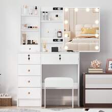 Vanity Dressing Desk Makeup Dresser Table W/ Stool Set 10 LED Lighted Mirror - White - View 6