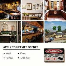 [2D Flat] 1pc Vintage Metal Tin Sign - 20x30 Cm Iron Wall Art, Humorous "Protected By A Highly Trained Fat Cat" Warning, Black With White Text, Perfect For Home, Bar, Cafe Decor & Gift, Halloween & Christmas Aesthetic Room Decor, Metal Wall Art Decor - Multicolor - View 2