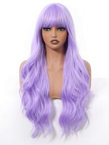 Long Purple Wig With Bangs Wave Curly Wigs For Women 26 Inch Heat Resistant Natural Synthetic Wig For Daily Party Use Holiday Party Everyday Wear,Gifts For Women - Màu tím - Xem 3