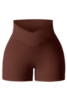 NcmRyu 1pc Women's Solid Color Casual Ribbed High Waist Lifting Fitness Yoga Sports Shorts - Cà phê nâu - Xem 1