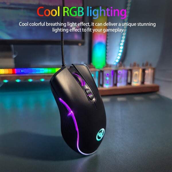 HXSJ 1pc Premium Gaming Mouse With Brilliant RGB Lighting, Durable Braided Cable, Non-Slip Side Design And Cool RGB Lighting Effects, Providing Support For Intense Gaming Experience