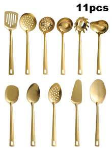 6pcs/Set Stainless Steel Cooking Utensils, Including Serving Spoon, Ladle, Spatula, Pot Clip, Soup Spoon, Soup Skimmer, Suitable For Home Kitchen, Hotels And Restaurants - Gold - View 9