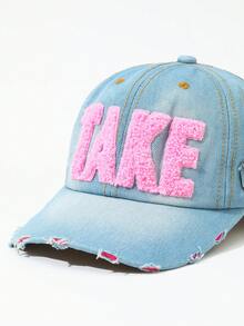 DareSee 1pc Women's Contrast Stitched Letter Design Distressed Denim Baseball Cap, Fashionable For Daily Use Music Fest Y2KFest Back To School Autumn Winter Gifts - Baby Blue - View 6