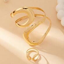 2pcs Set Exaggerated Geometric Minimalist Chic Metallic Adjustable Cuff Bracelet & Ring Set For Women
