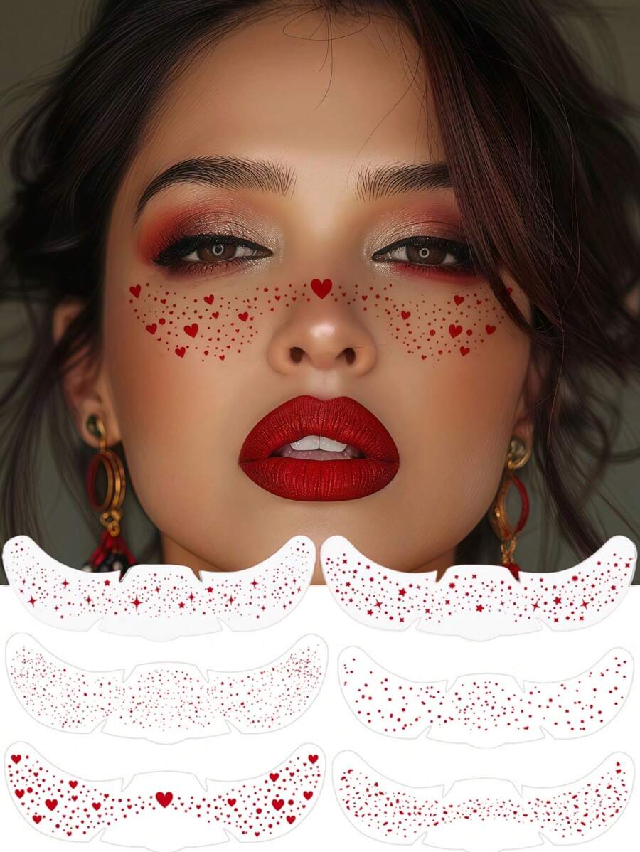 6 Blatt rote glitzernde Sommersprossen Gesichts-Tattoos, funkelnde Sommersprossen-Glitzer-Tattoos mit Herz-, Punkt- und Stern-Muster, rote wasserfeste Glitzer-Temporäre Tattoos für Erwachsene, tägliches Make-up für Reisen, Festivals und Partys