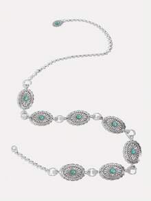 1条女士链条腰带，波西米亚西部牛仔风格雕刻绿松石复古银色腰链，适合搭配连衣裙、参加派对、夏季海滩度假、秋季上学、万圣节等场合。