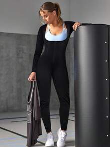 1pc 2025 New 4-In-1 Sauna Fitness Shaping Jumpsuit, Women's Exclusive Yoga Sauna Weight Loss Set: Solid Color Minimalist High Waist Butt-Lifting Long Sleeve Jumpsuit, Slim-Fit 3/4 Shaping Leggings, Paired With Abdominal Fat Burning Training Tank Top, Comprehensive S-Curve Sculpting. The Perfect Fusion Of Sportswear And Fashion, Allowing You To Exude Confidence And Allure In Every Sweaty Workout! Ultimate Shaping, Of Fat Burning! Gym Accessories