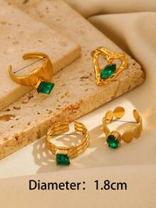 Elegant Vintage-Style 18K Gold-Plated Stainless Steel Inlaid Emerald Green Glass Heart Geometric Ring, Fashion Jewelry Versatile For Daily And Party Wear