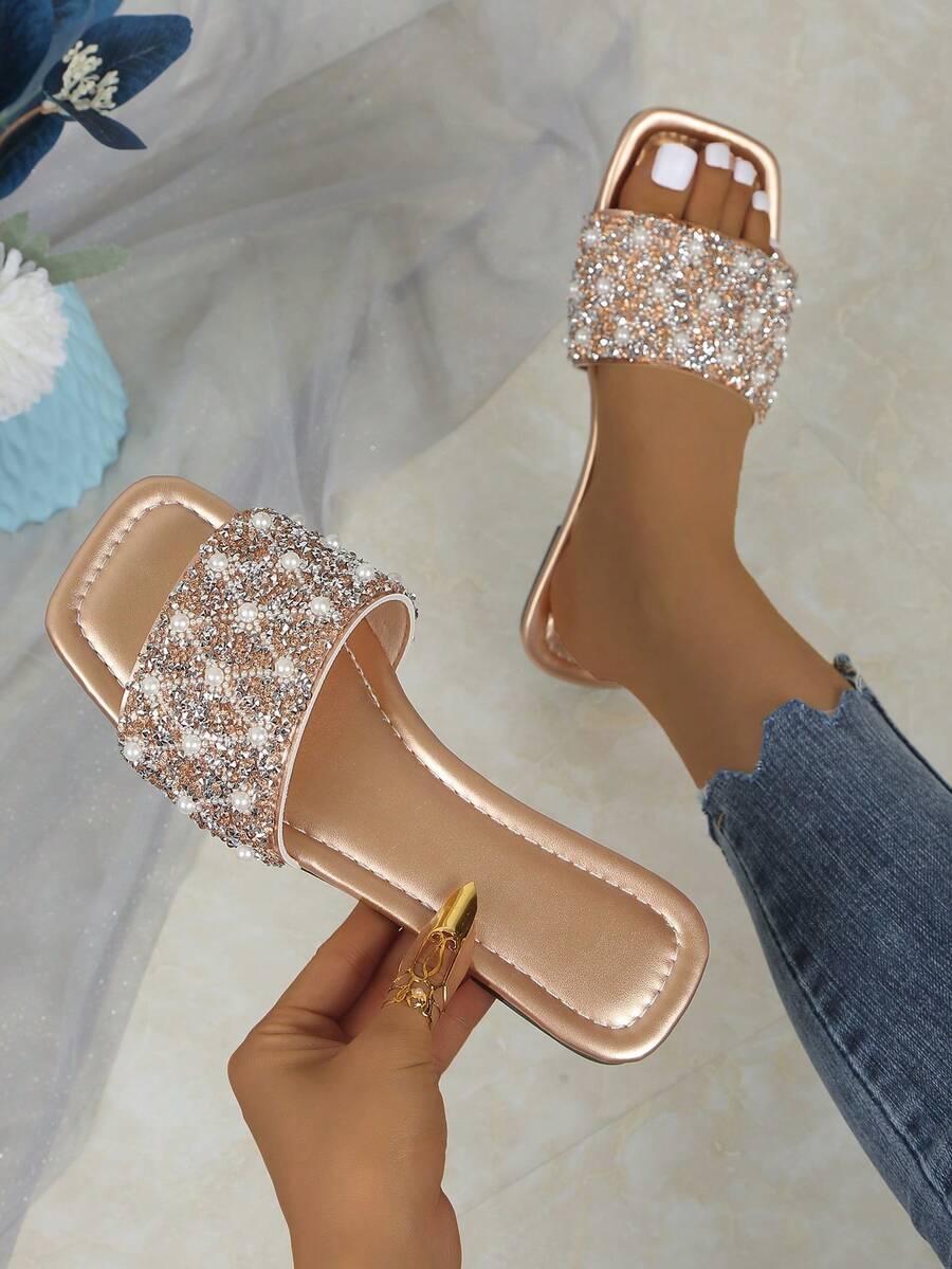 Sandalias de mujer tipo mula planas, decoradas con perlas y rhinestones, diseño de punta cuadrada, cómodas de slip-on, en múltiples colores, apropiadas para looks con estilo - Oro rosa - Ver 1