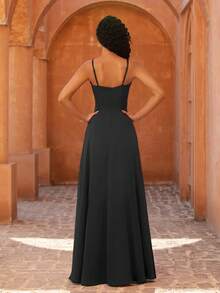 MOEVIO Sexy Spaghetti Straps Sweetheart Neck Draped Split Thigh Backless Formal Wedding Guest Party Dress Bride Shower Birthday Graduation Dress, Luxury Evening Dresses For Women, Birthday Women Outfits, Fall Back To School Gown - Black - View 3