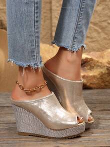 新款草编坡跟绳编日常女凉鞋，黑色高跟厚底露趾鞋，春夏穿搭 - 金色 - 查看 6