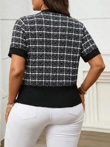 Plus Size Casual Button Contrast Color Pocket Short Sleeve Knit Cardigan Sweater