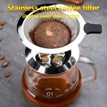可重复使用的 304 不锈钢咖啡过滤器，双层咖啡滴滤漏斗，无需滤纸，重返校园 - 銀色 - 查看 1