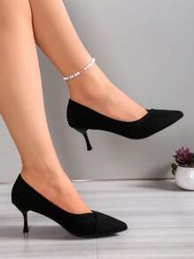 New Classic Black Mid-Heel Office Lady Pumps, Suede Pointy Toe High Heel Shoes, Fashion Summer Work Shoes For Women
