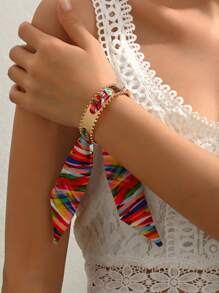 1pc Elegant & Stylish Women Multi-Color Ribbon Bangle, Alloy Beach Vacation Bracelet Accessory For Ladies