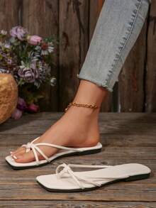 女士时尚拖鞋 - 轻便、透气、露趾、平底、休闲夏季鞋，配有舒适鞋垫和可调节鞋带，方便行走 - 米色 - 查看 6