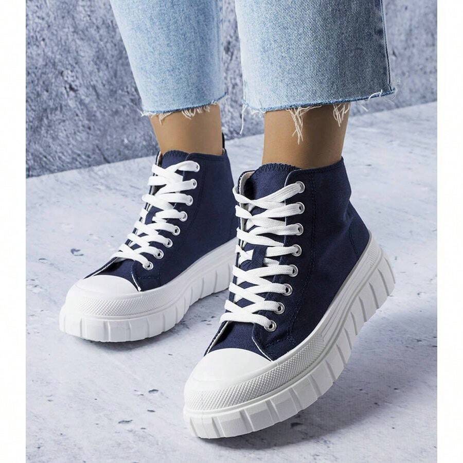 Sapatos de lona de cano alto, versáteis e casuais, com contraste de cores, sola grossa - Azul marinho - Ver 1