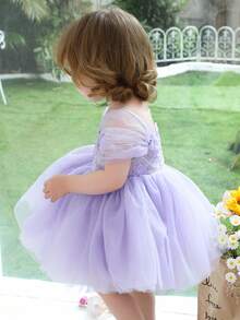 女婴薰衣草色亮片花卉网纱优雅派对礼服，公主裙，适合女孩生日派对、婚礼花童、节日庆典 - 紫色 - 查看 7