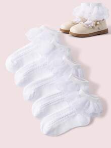 5/1 Pair Spring/Summer Baby Girl White Lace Edge Socks, Cute Princess Style Embroidered Lace Trim, Soft Breathable Comfortable, Fashionable Versatile Lace Socks, Suitable For Everyday Wear Or Back To School Season - White - View 1