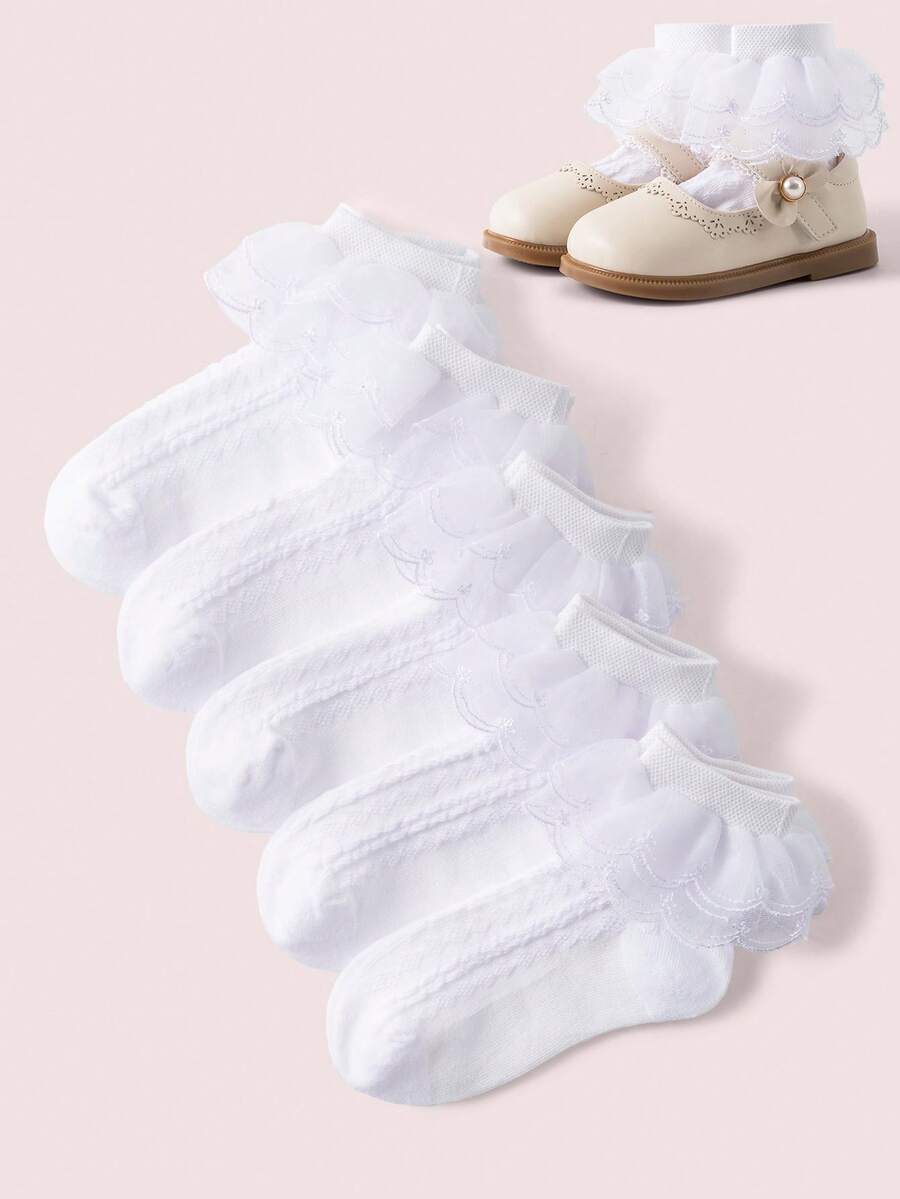 5/1 Pair Spring/Summer Baby Girl White Lace Edge Socks, Cute Princess Style Embroidered Lace Trim, Soft Breathable Comfortable, Fashionable Versatile Lace Socks, Suitable For Everyday Wear Or Back To School Season - White - View 1